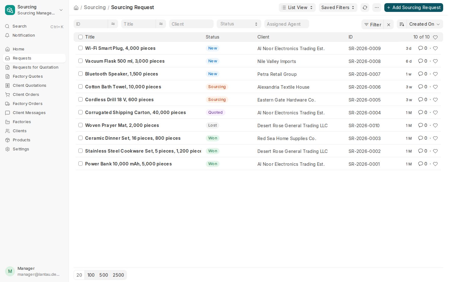 The list of client requests in the Sourcing Management demo company